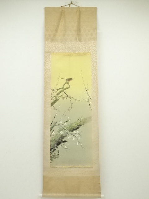 JAPANESE HANGING SCROLL / HAND PAINTED / UME BLOSSOM WITH NIGHTINGALE